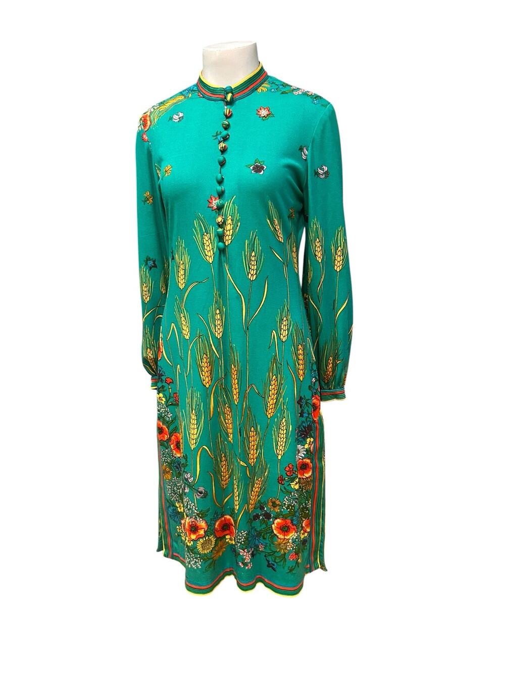 Vintage Teal Green Maurice Signed Corn Print Dress Pop Art Fall 34-36 Bust -
